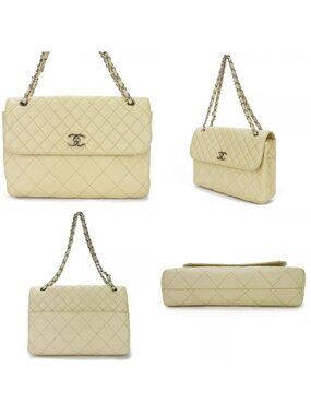 Chanel Shoulder Bag Quilted Large Calf Beige Ivory Silver Hardware Chain 15 th